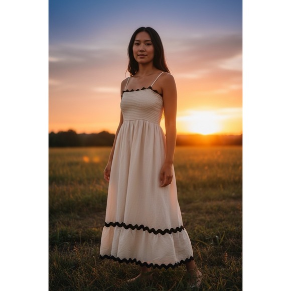 Zesica Dresses & Skirts - Womens Midi Spring Dress Size M Cream Black Wavy Trim Spaghetti Strap Viscose